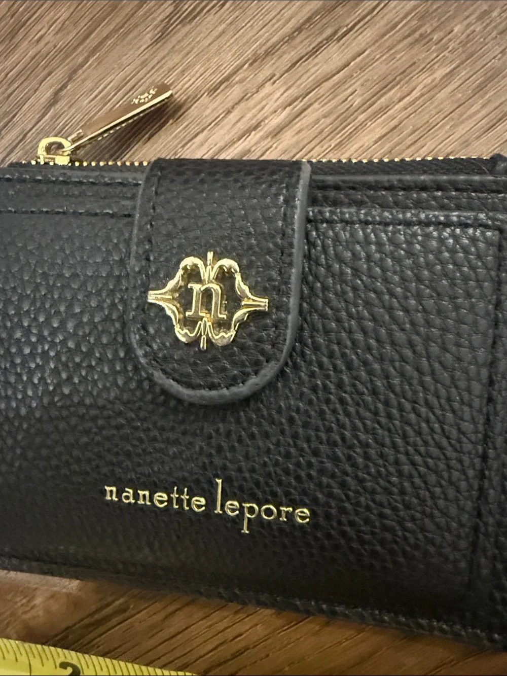 Nanette Lepore Black Pebbled Leather Card & Key Holder with Gold Hardware